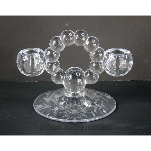 Imperial Glass Candlewick Double Candlestick: Elegant Floral Etching and Bubbles - Picture 1 of 6